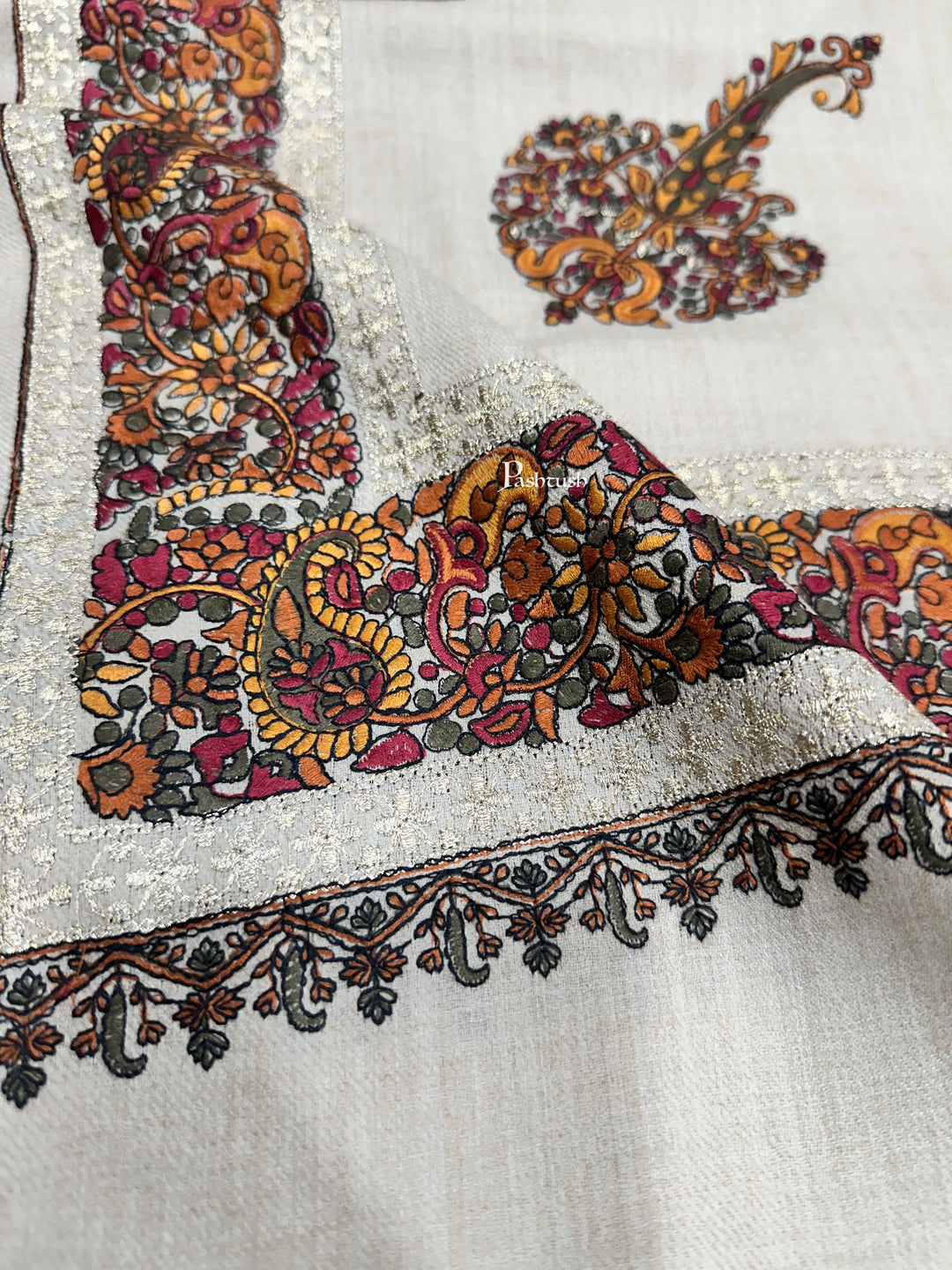 Pashtush India Womens Shawls Pashtush Womens Fine Wool Tilla Border Shawl, Challa Daur with Metallic Detailing, Off White