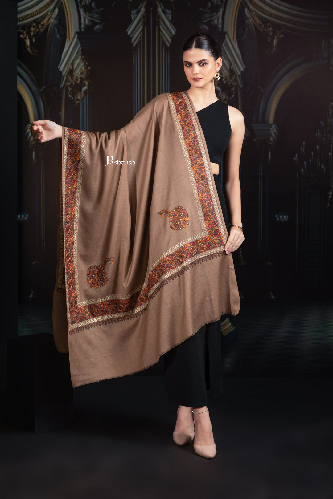 Pashtush India Womens Shawls Pashtush Womens Fine Wool Tilla Border Shawl, Challa Daur with Metallic Detailing, Taupe