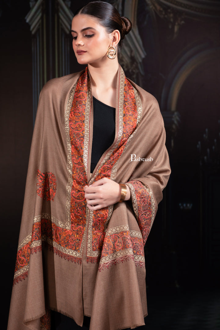 Pashtush India Womens Shawls Pashtush Womens Fine Wool Tilla Border Shawl, Challa Daur with Metallic Detailing, Taupe