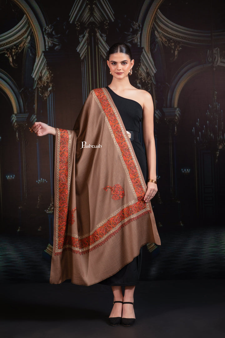 Pashtush India Womens Shawls Pashtush Womens Fine Wool Tilla Border Shawl, Challa Daur with Metallic Detailing, Taupe