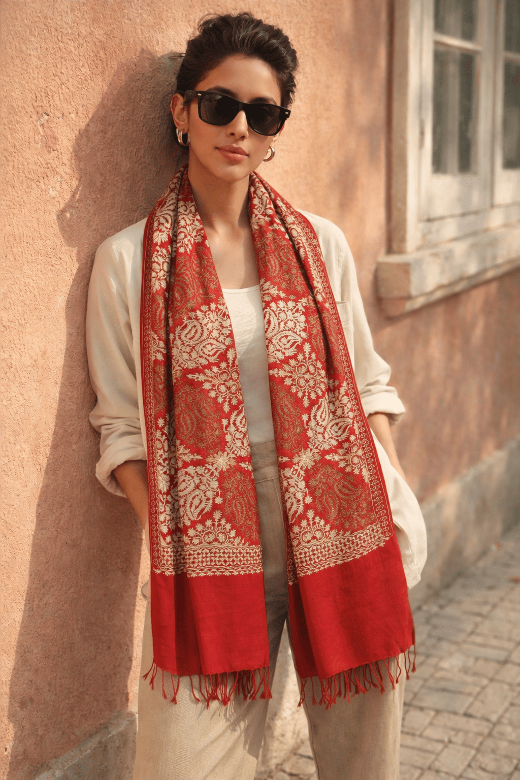 Pashtush India Womens Stoles and Scarves Scarf Pashtush Womens Fine Woollen, Silky Thread Nalki Embroidery Stole, Maroon