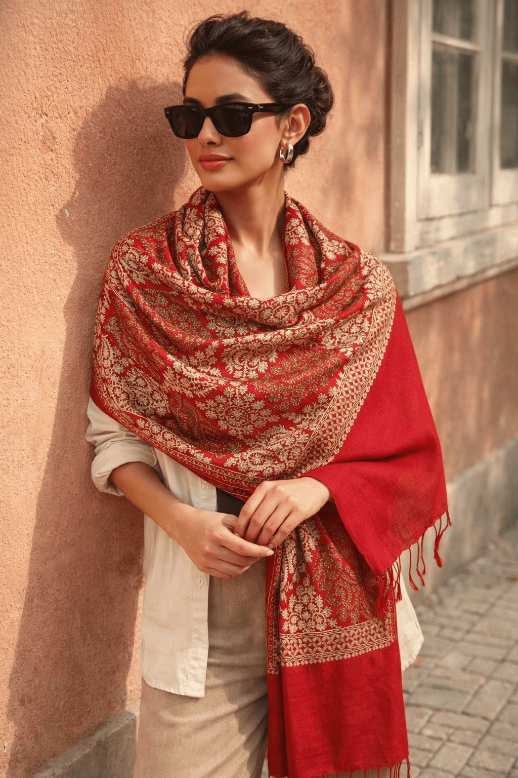 Pashtush India Womens Stoles and Scarves Scarf Pashtush Womens Fine Woollen, Silky Thread Nalki Embroidery Stole, Maroon