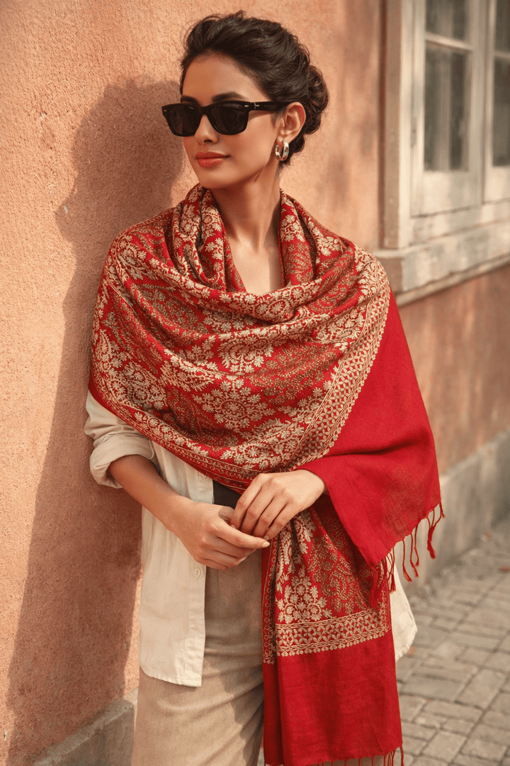Pashtush India Womens Stoles and Scarves Scarf Pashtush Womens Fine Woollen, Silky Thread Nalki Embroidery Stole, Maroon