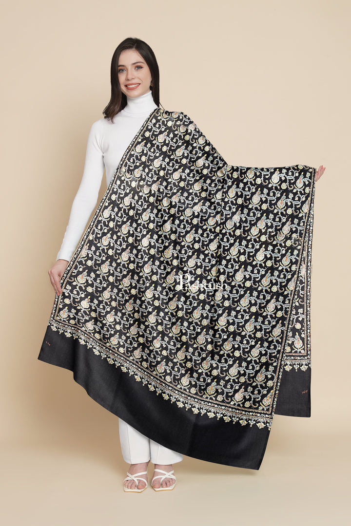 Pashtush India Womens Shawls Pashtush Womens Handmade Pashmina Shawl, Kashmiri Sozni Embroidery, Black