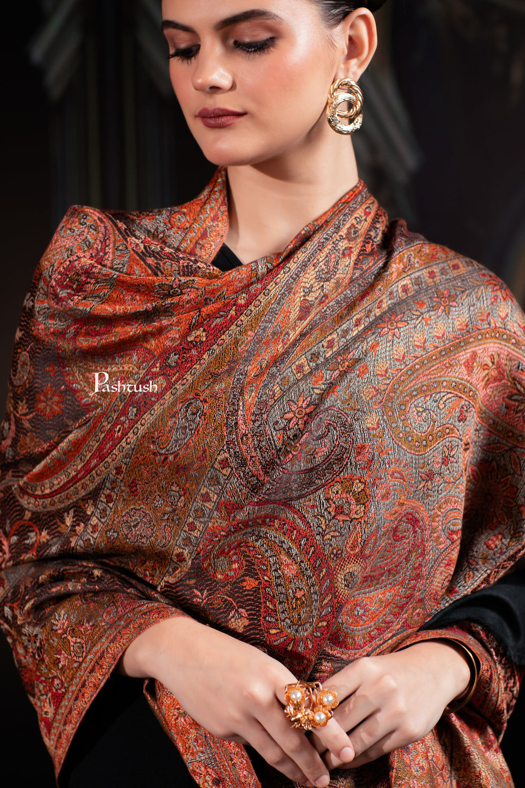 Pashtush India Womens Shawls Pashtush Womens Jamawar Shawl, Ethnic Paisley Design, Black