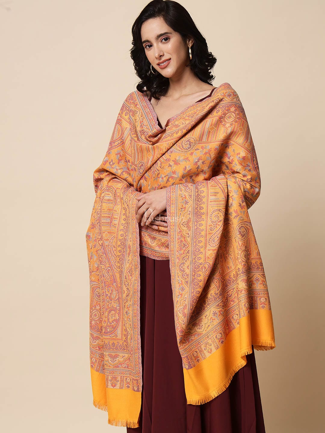 Pashtush India Womens Shawls Pashtush Womens Jamawar Shawl, Faux Pashmina, Soft and Warm, Sunflower