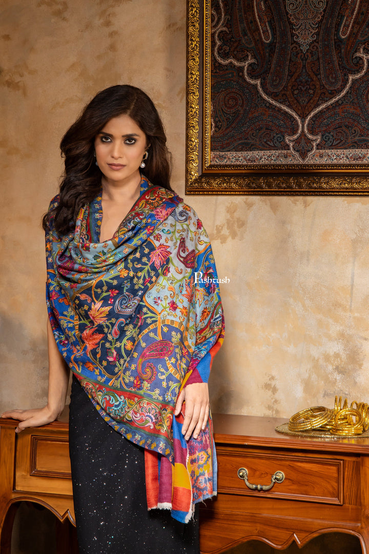 Pashtush India Womens Stoles and Scarves Scarf Pashtush Womens Kalamkari Shawl, Extra Fine Wool Shawl, Multicolour