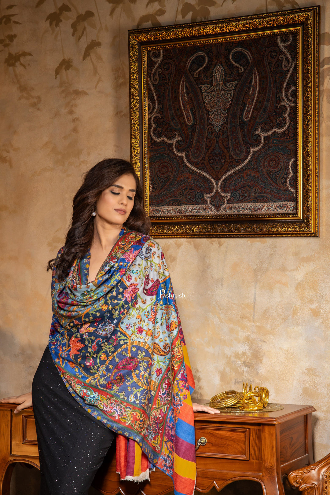 Pashtush India Womens Stoles and Scarves Scarf Pashtush Womens Kalamkari Shawl, Extra Fine Wool Shawl, Multicolour
