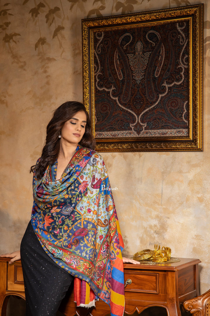 Pashtush India Womens Stoles and Scarves Scarf Pashtush Womens Kalamkari Shawl, Extra Fine Wool Shawl, Multicolour