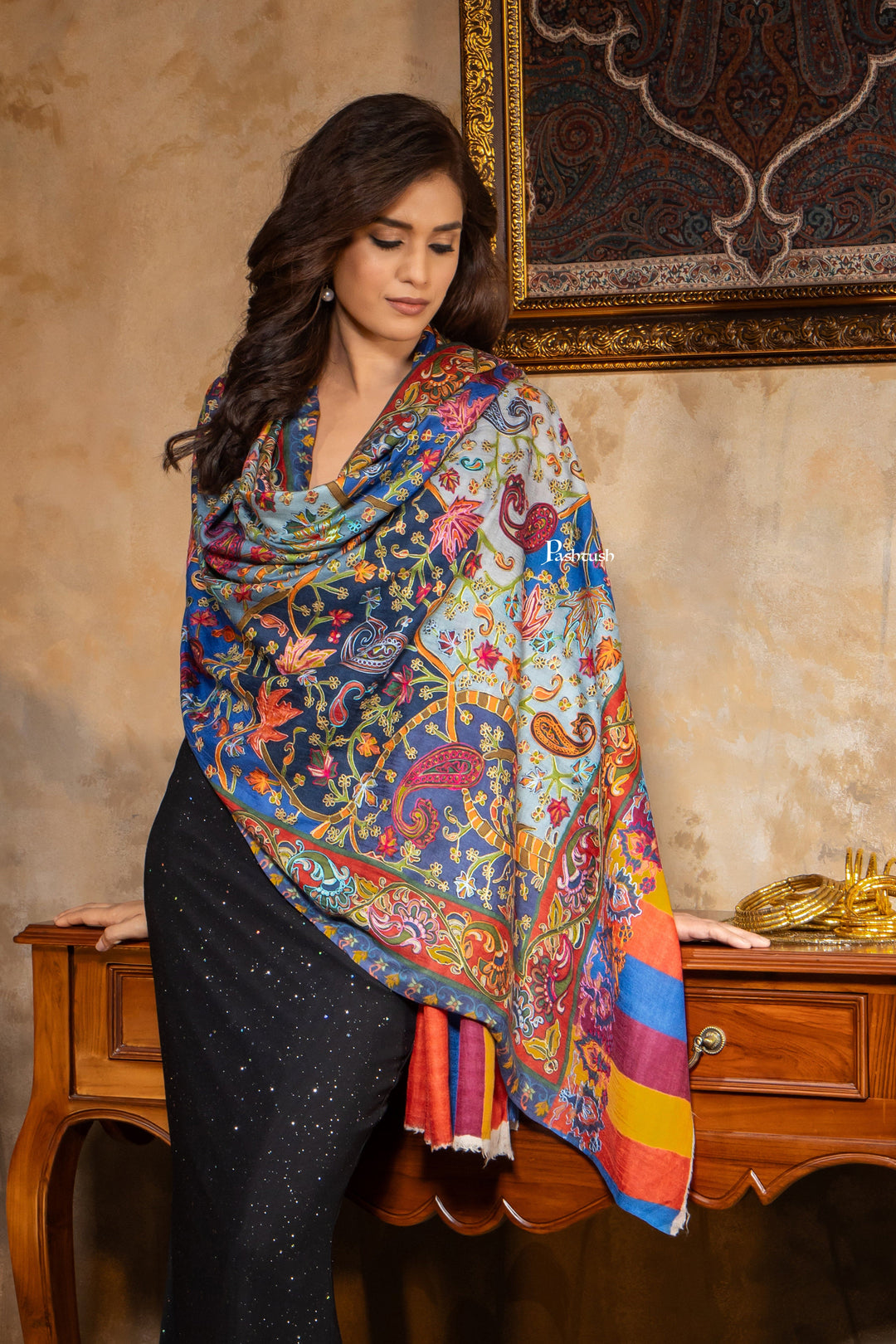 Pashtush India Womens Stoles and Scarves Scarf Pashtush Womens Kalamkari Shawl, Extra Fine Wool Shawl, Multicolour