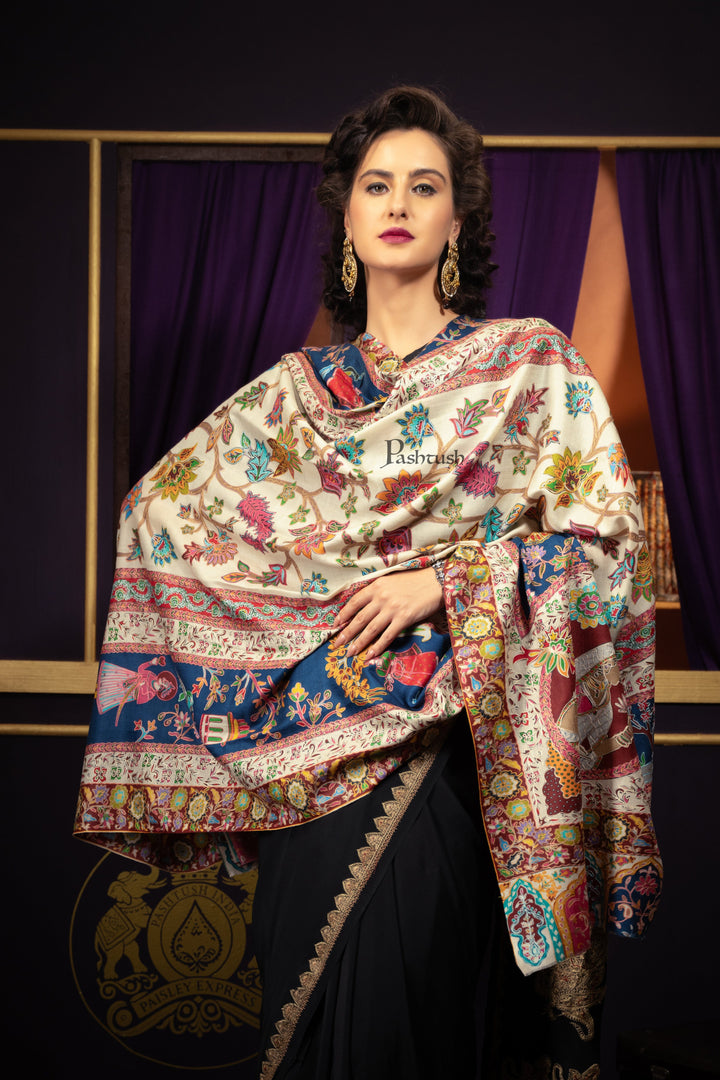 Pashtush India Womens Shawls Pashtush Womens Kalamkari Shawl, Extra Fine Wool, With Royal Darbar with Outline Embroidery