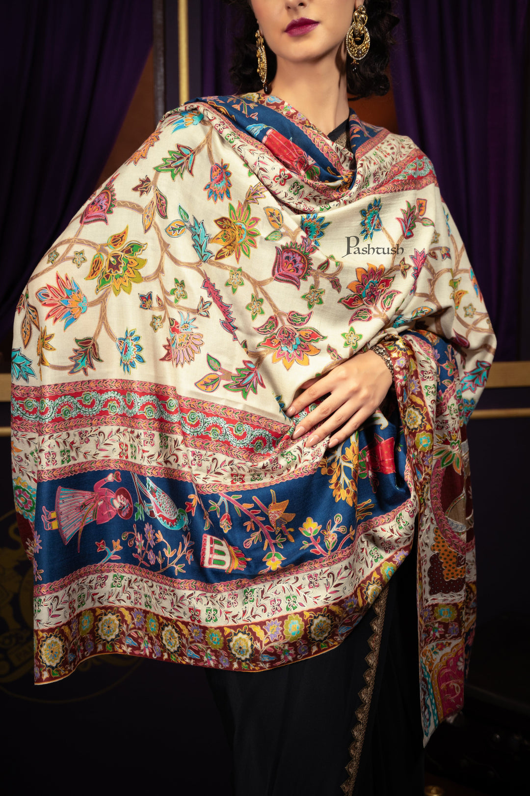 Pashtush India Womens Shawls Pashtush Womens Kalamkari Shawl, Extra Fine Wool, With Royal Darbar with Outline Embroidery