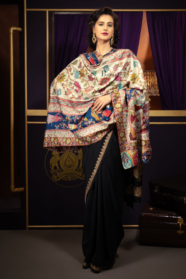 Pashtush India Womens Shawls Pashtush Womens Kalamkari Shawl, Extra Fine Wool, With Royal Darbar with Outline Embroidery