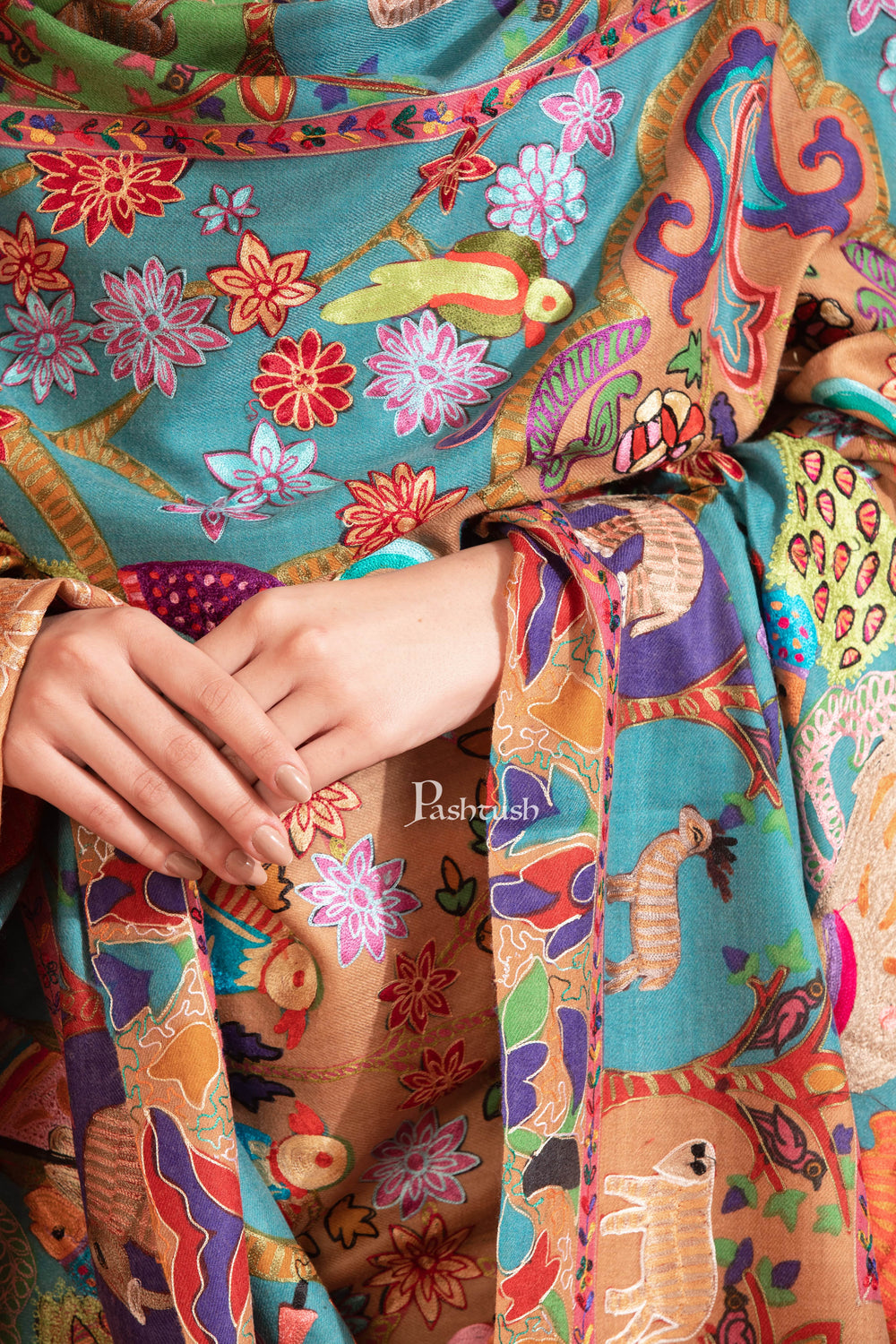 Pashtush India Womens Shawls Pashtush Womens Kalamkari Shawl, Hand Embroidered, Shikaar-Dar Design, Rich Blue