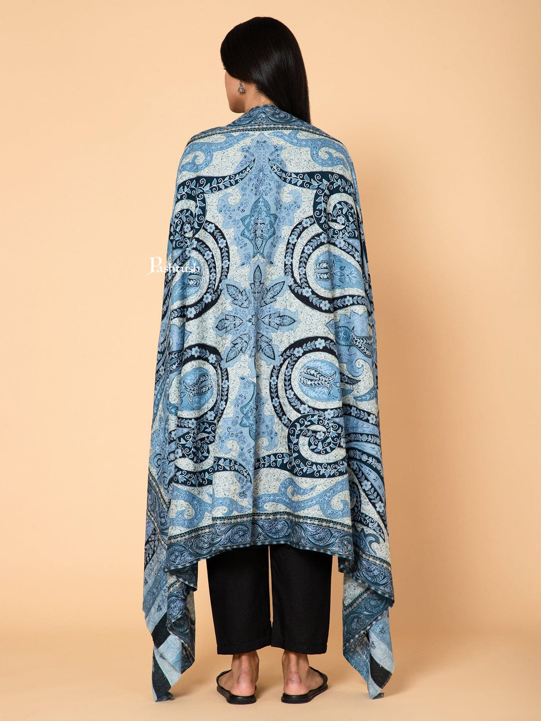 Pashtush India Womens Shawls Pashtush Womens Kalamkari Shawl, Outline Hand Embroidery, Intricate Paisley Work, Azure