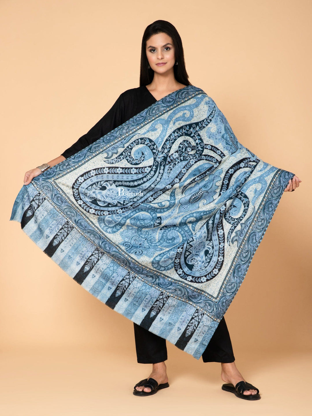 Pashtush India Womens Shawls Pashtush Womens Kalamkari Shawl, Outline Hand Embroidery, Intricate Paisley Work, Azure