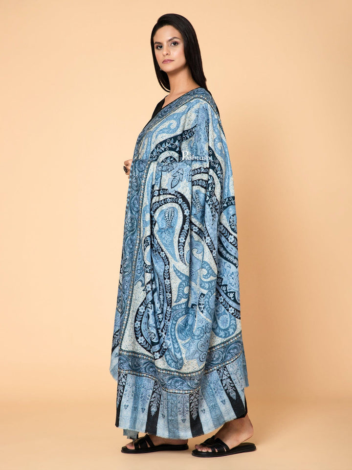 Pashtush India Womens Shawls Pashtush Womens Kalamkari Shawl, Outline Hand Embroidery, Intricate Paisley Work, Azure