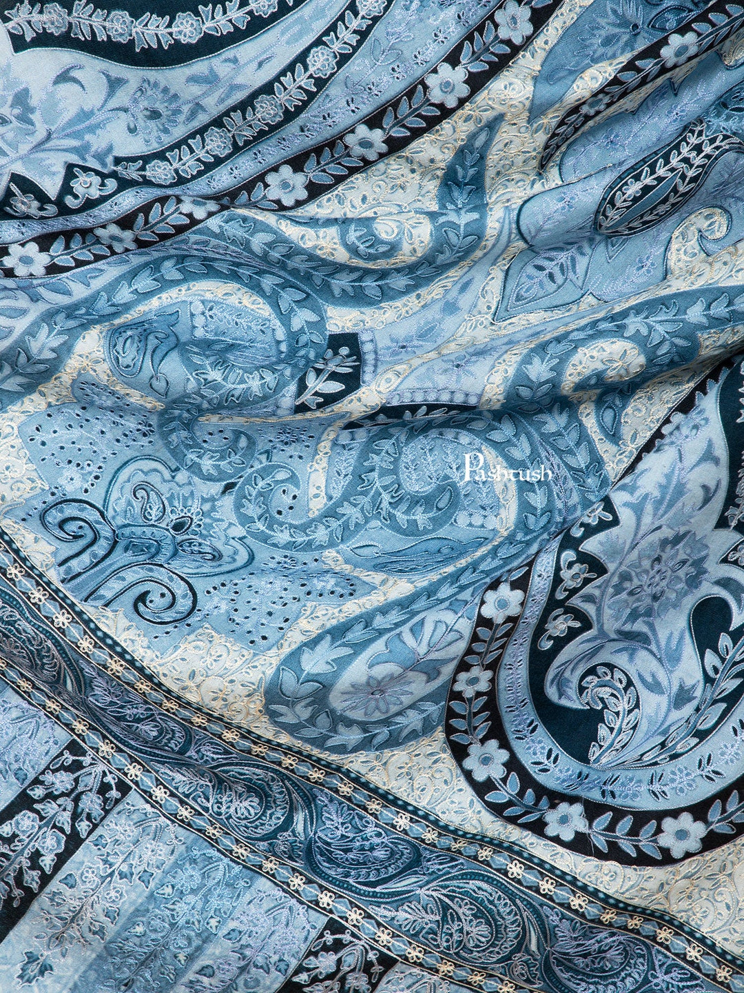 Pashtush India Womens Shawls Pashtush Womens Kalamkari Shawl, Outline Hand Embroidery, Intricate Paisley Work, Azure