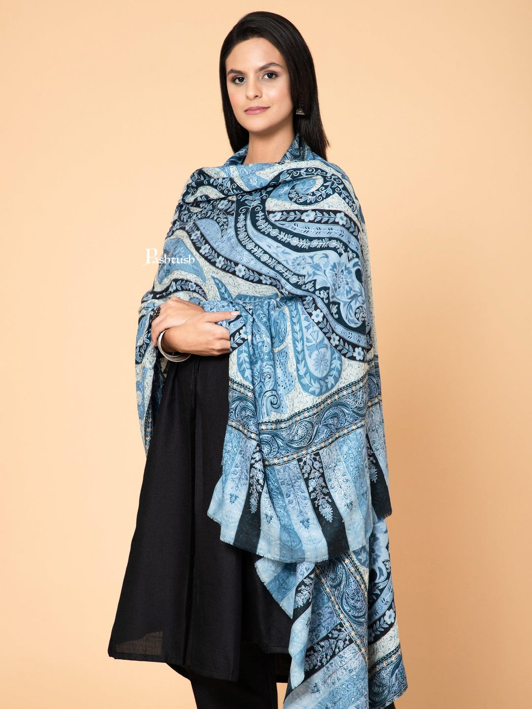 Pashtush India Womens Shawls Pashtush Womens Kalamkari Shawl, Outline Hand Embroidery, Intricate Paisley Work, Azure