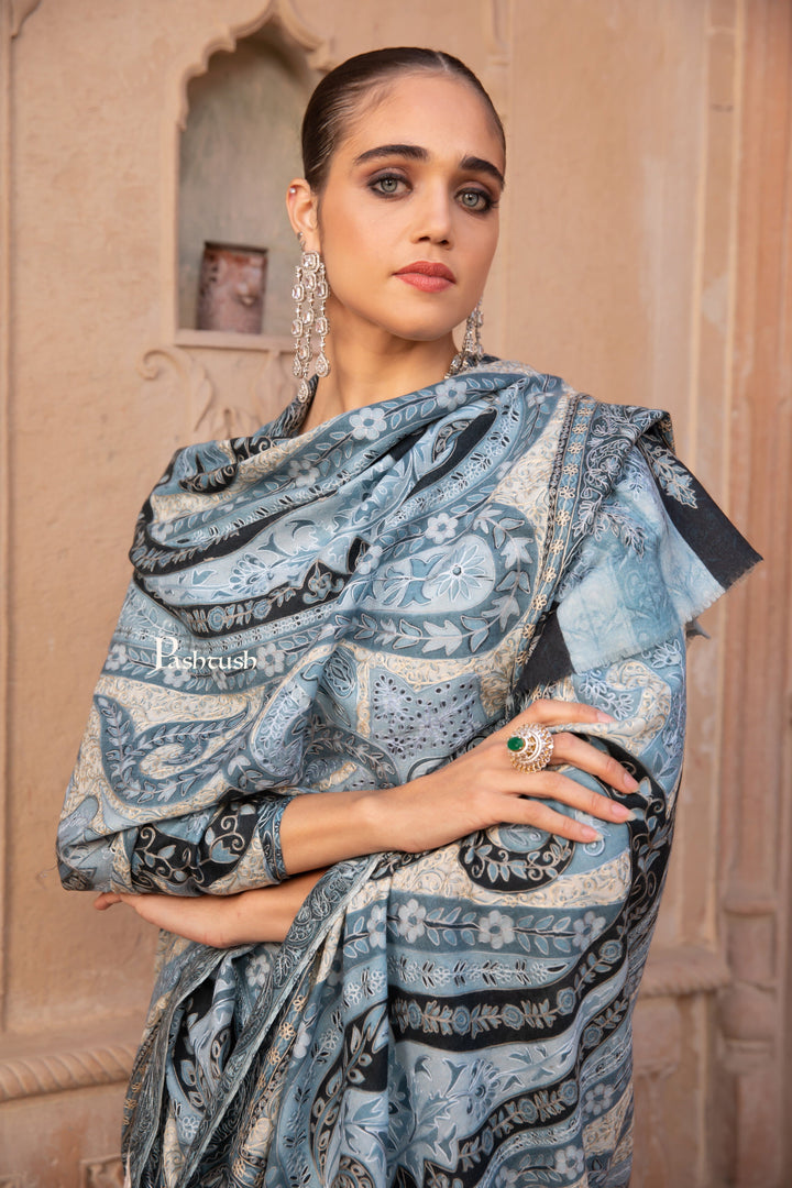 Pashtush India Womens Shawls Pashtush Womens Kalamkari Shawl, Outline Hand Embroidery, Intricate Paisley Work, Azure