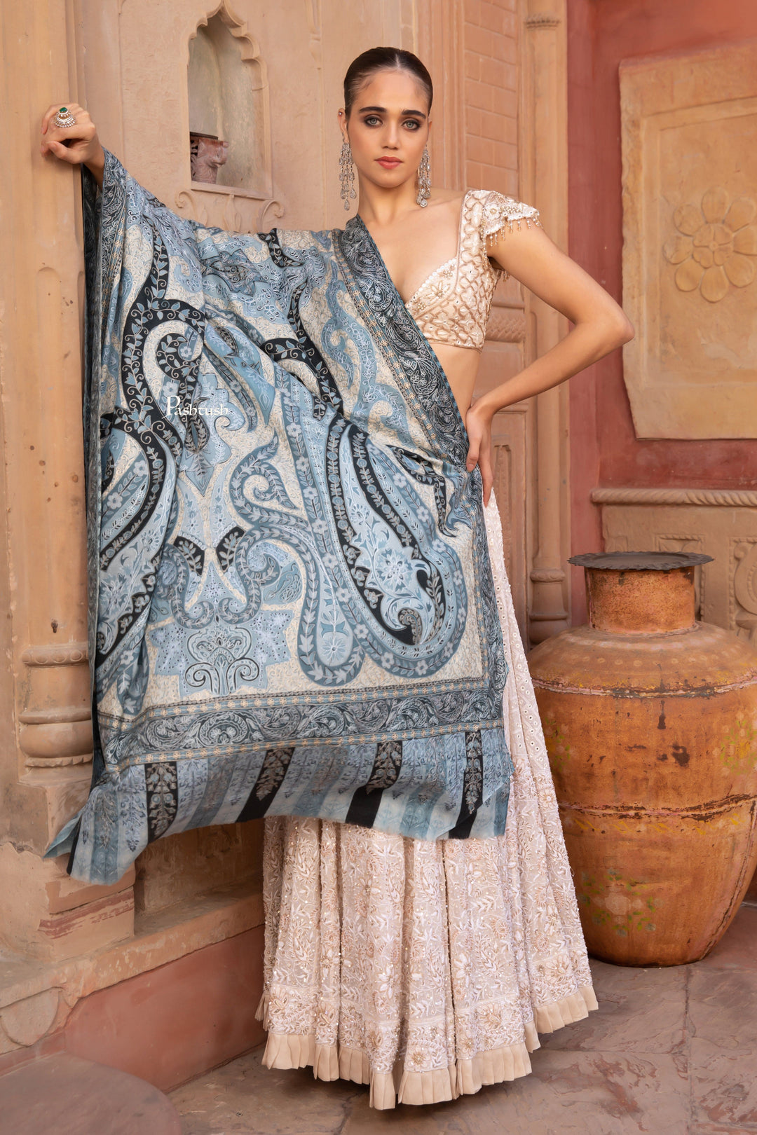 Pashtush India Womens Shawls Pashtush Womens Kalamkari Shawl, Outline Hand Embroidery, Intricate Paisley Work, Azure