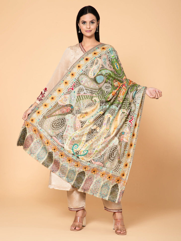 Pashtush India Womens Shawls Pashtush Womens Kalamkari Shawl, Outline Hand Embroidery, Intricate Paisley Work, Azure Pastel Hues