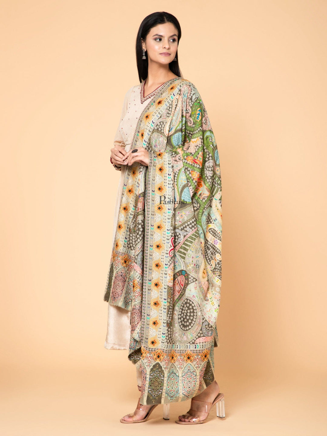 Pashtush India Womens Shawls Pashtush Womens Kalamkari Shawl, Outline Hand Embroidery, Intricate Paisley Work, Azure Pastel Hues