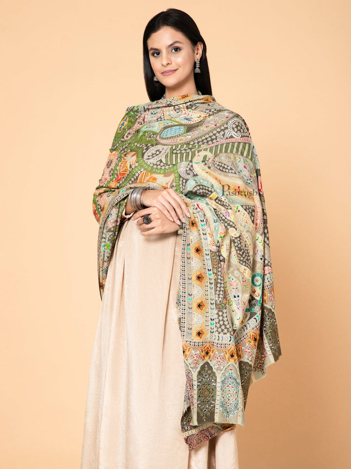 Pashtush India Womens Shawls Pashtush Womens Kalamkari Shawl, Outline Hand Embroidery, Intricate Paisley Work, Azure Pastel Hues