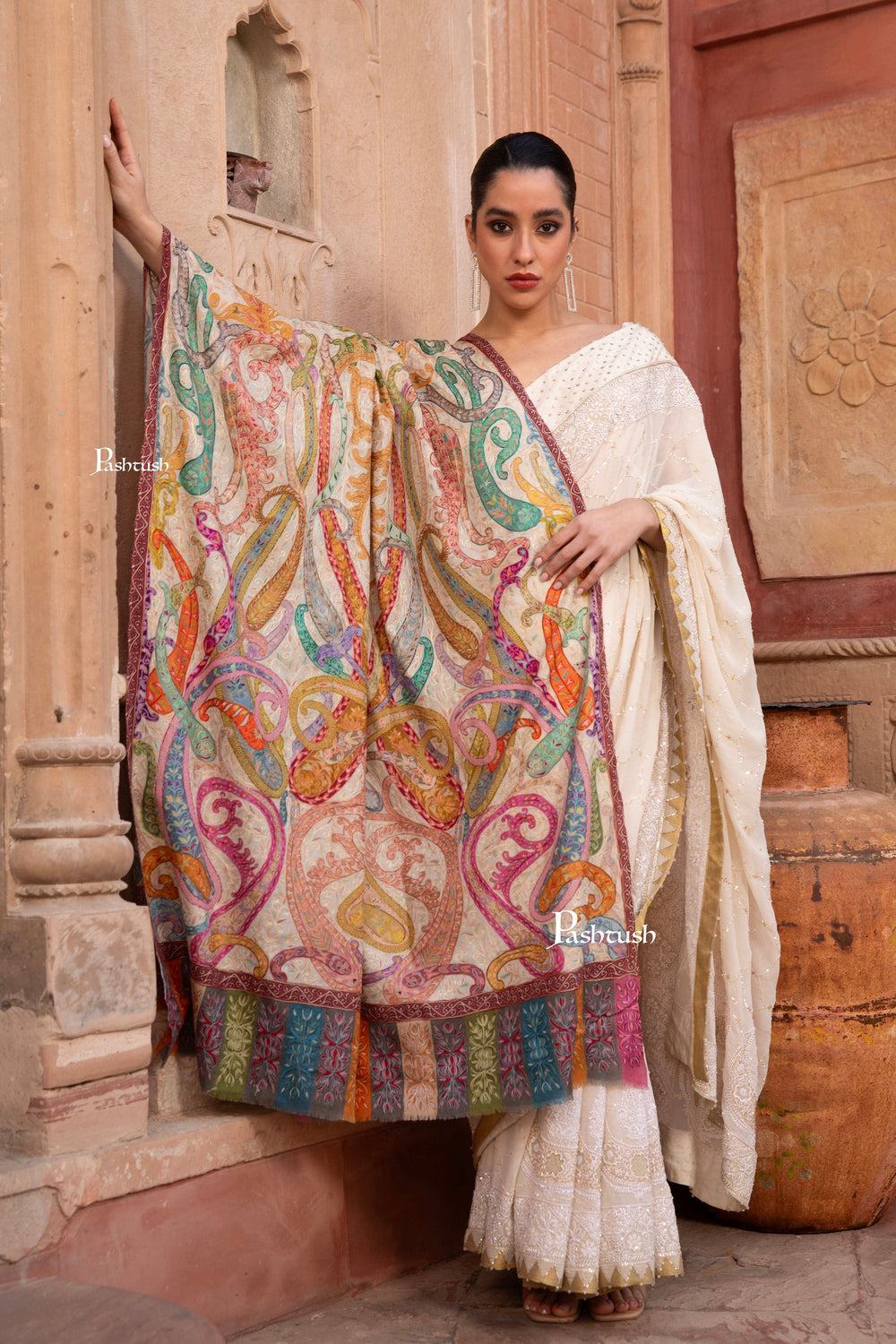 Pashtush India Womens Shawls Pashtush Womens Kalamkari Shawl with Hand Embroidered Outline, Fine Wool, Dreamy Pastels