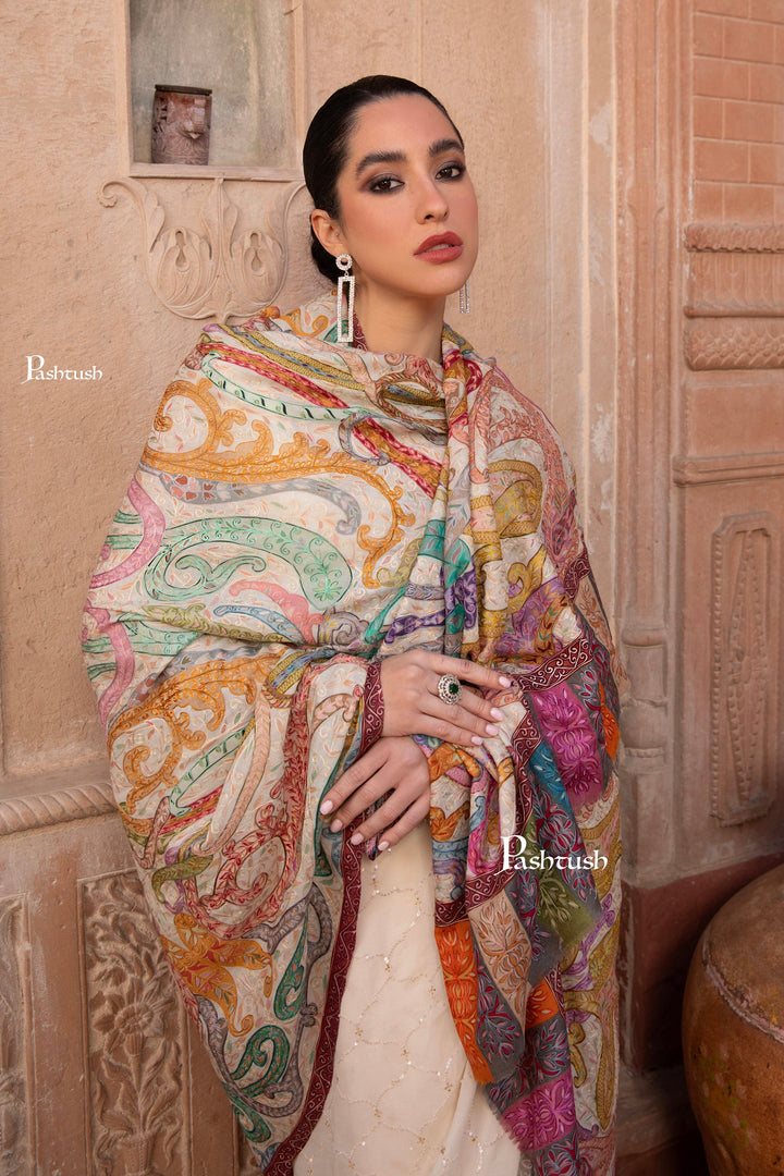 Pashtush India Womens Shawls Pashtush Womens Kalamkari Shawl with Hand Embroidered Outline, Fine Wool, Dreamy Pastels