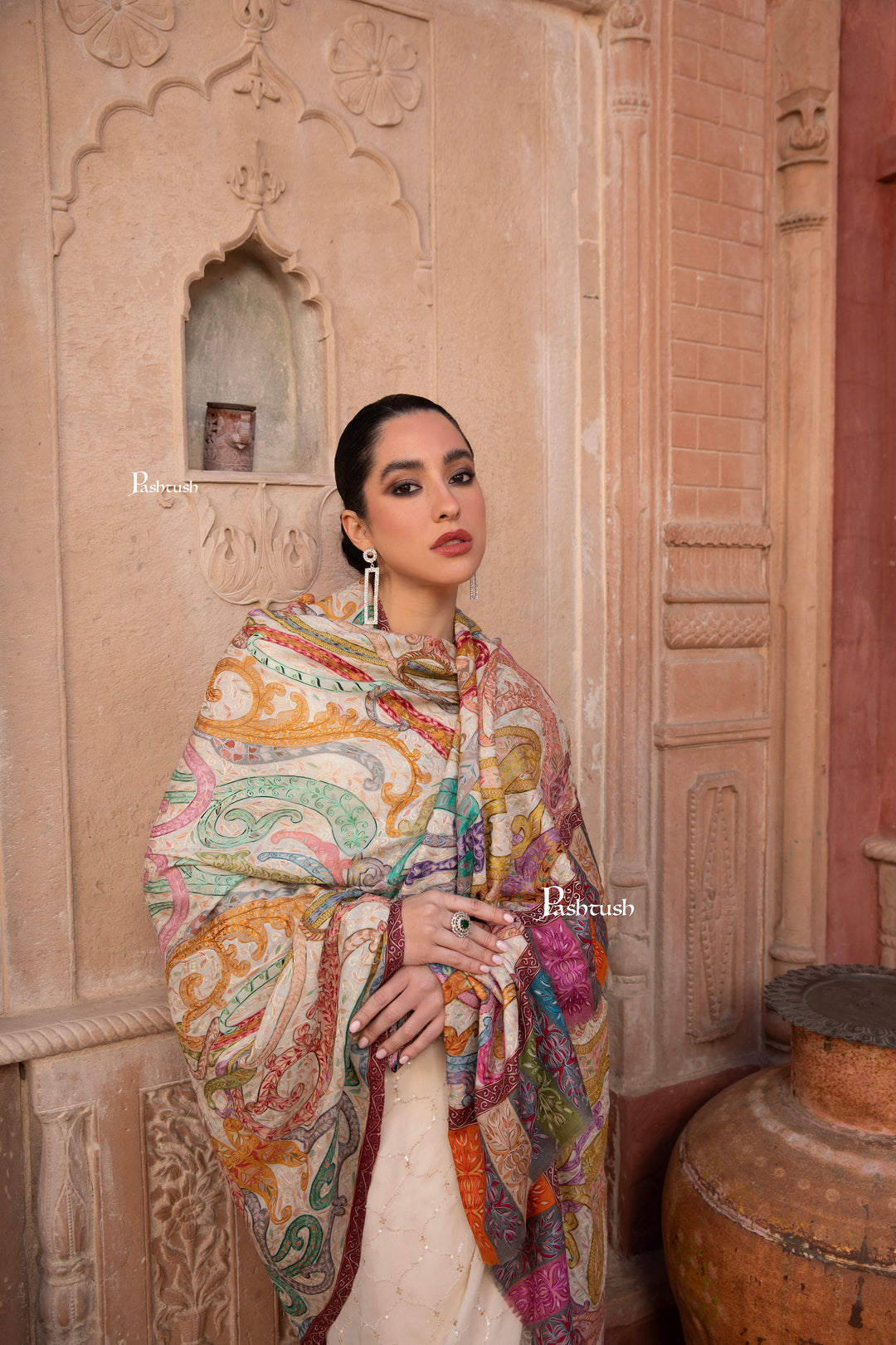 Pashtush India Womens Shawls Pashtush Womens Kalamkari Shawl with Hand Embroidered Outline, Fine Wool, Dreamy Pastels