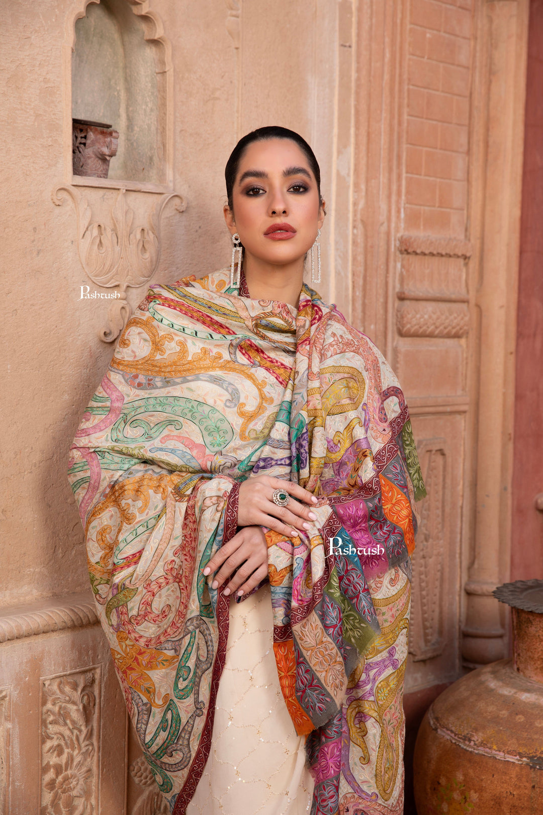 Pashtush India Womens Shawls Pashtush Womens Kalamkari Shawl with Hand Embroidered Outline, Fine Wool, Dreamy Pastels