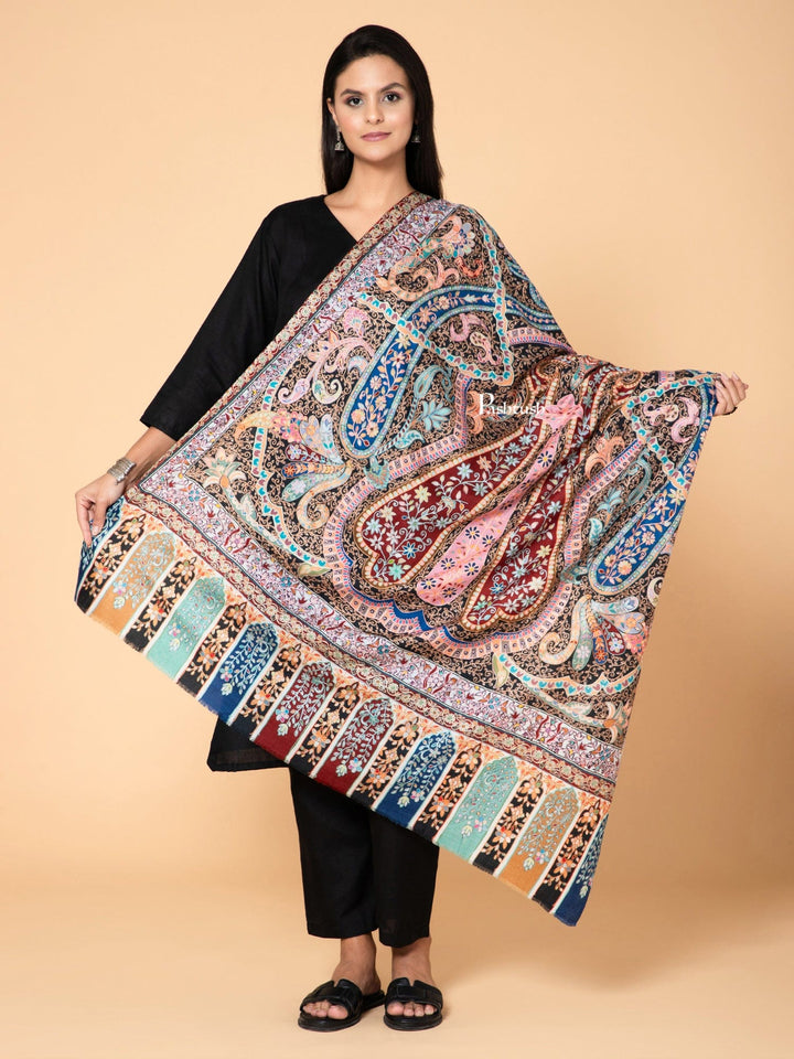 Pashtush India Womens Shawls Pashtush Womens Kalamkari Shawl with Hand Embroidered Outline Work, Fine Wool Jewel Colours