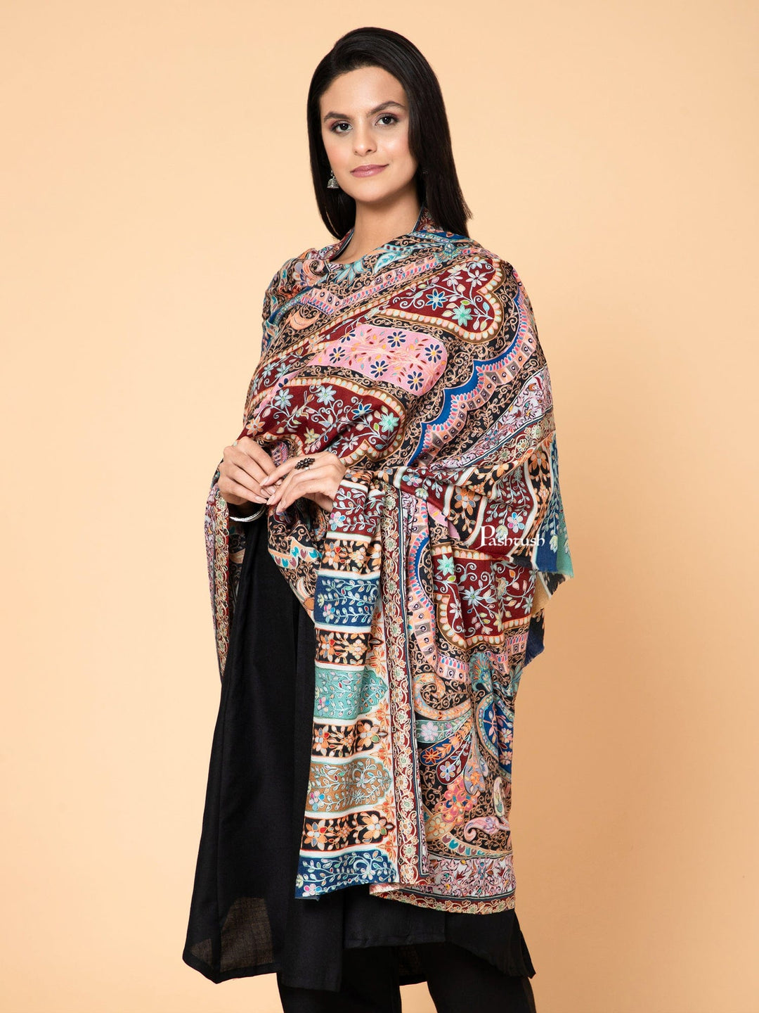 Pashtush India Womens Shawls Pashtush Womens Kalamkari Shawl with Hand Embroidered Outline Work, Fine Wool Jewel Colours