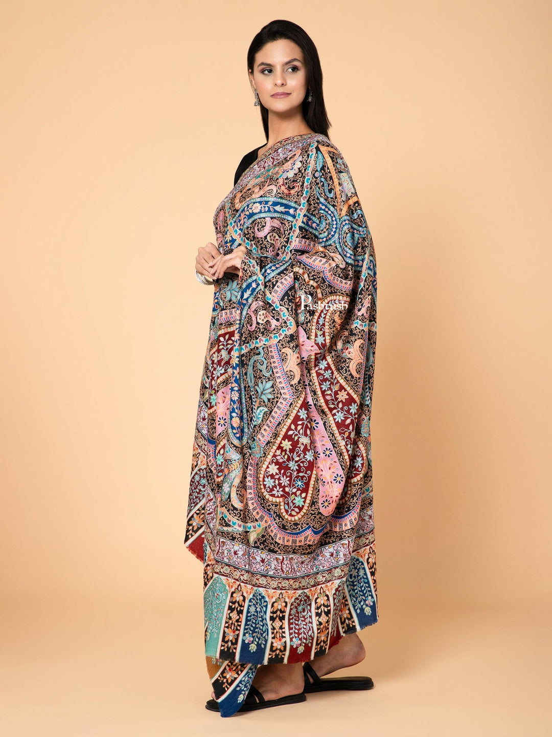 Pashtush India Womens Shawls Pashtush Womens Kalamkari Shawl with Hand Embroidered Outline Work, Fine Wool Jewel Colours