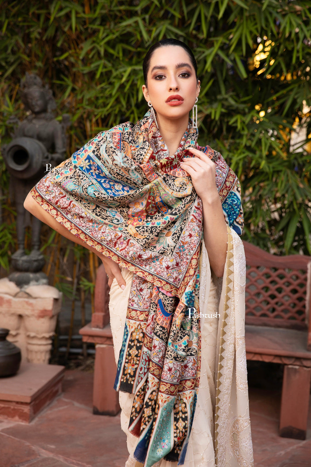 Pashtush India Womens Shawls Pashtush Womens Kalamkari Shawl with Hand Embroidered Outline Work, Fine Wool, Jewels