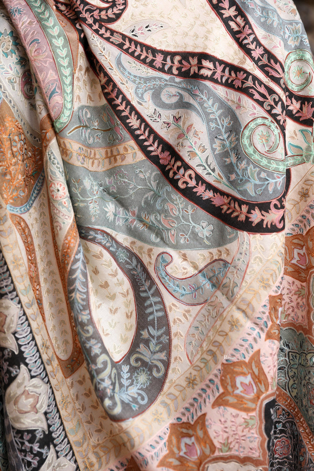 Pashtush India Womens Shawls Pashtush Womens Kalamkari Shawl with Hand Embroidered Outline Work, Fine Wool, Pastels