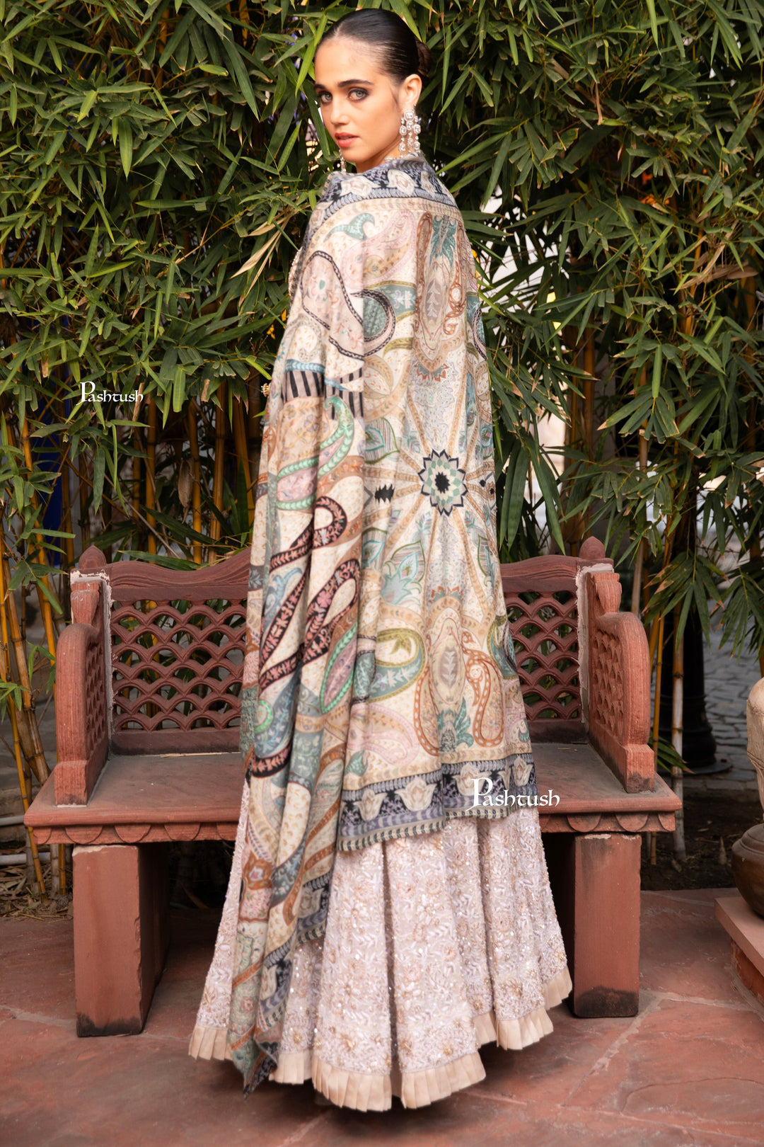 Pashtush India Womens Shawls Pashtush Womens Kalamkari Shawl with Hand Embroidered Outline Work, Fine Wool, Pastels