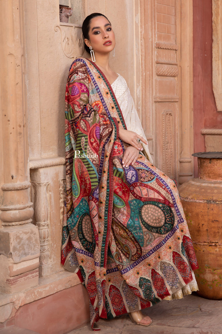 Pashtush India Womens Shawls Pashtush Womens Kalamkari Shawl with Hand Embroidered Outline Work, Fine Wool, Vibrance