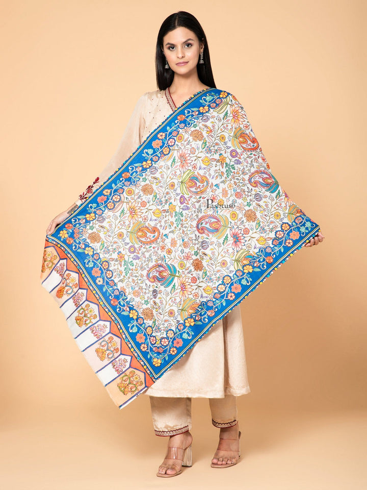 Pashtush India Womens Shawls Pashtush Womens Kalamkari Stole, Outline Hand Embroidery, Blue and Ivory, Seasons of Bloom