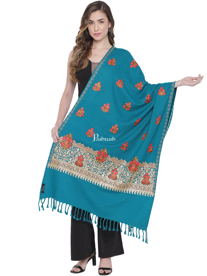 Pashtush India Womens Stoles and Scarves Scarf Pashtush Womens Kashmiri Aari Embroidery Stole, Arabic Sea