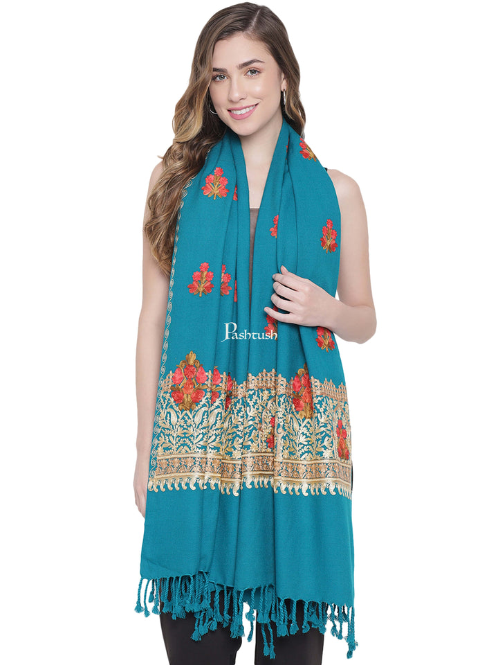 Pashtush India Womens Stoles and Scarves Scarf Pashtush Womens Kashmiri Aari Embroidery Stole, Arabic Sea