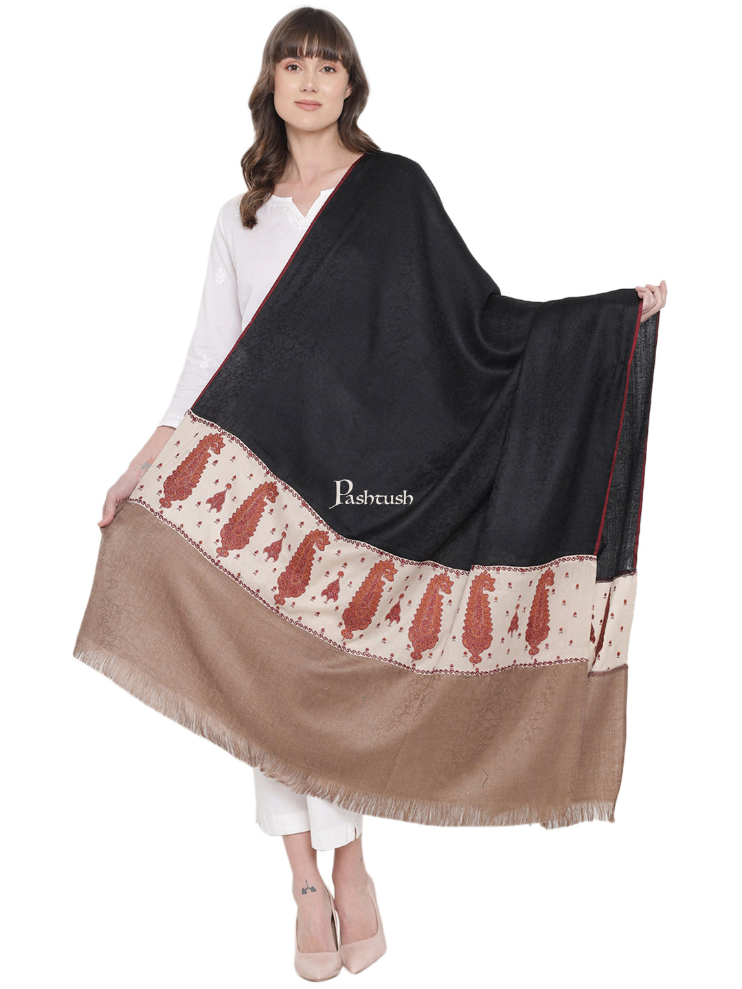 Pashtush India Womens Shawls Pashtush Womens Kashmiri Embroidery Shawl, Soft and Warm, Stitched Palla, Beige and Black