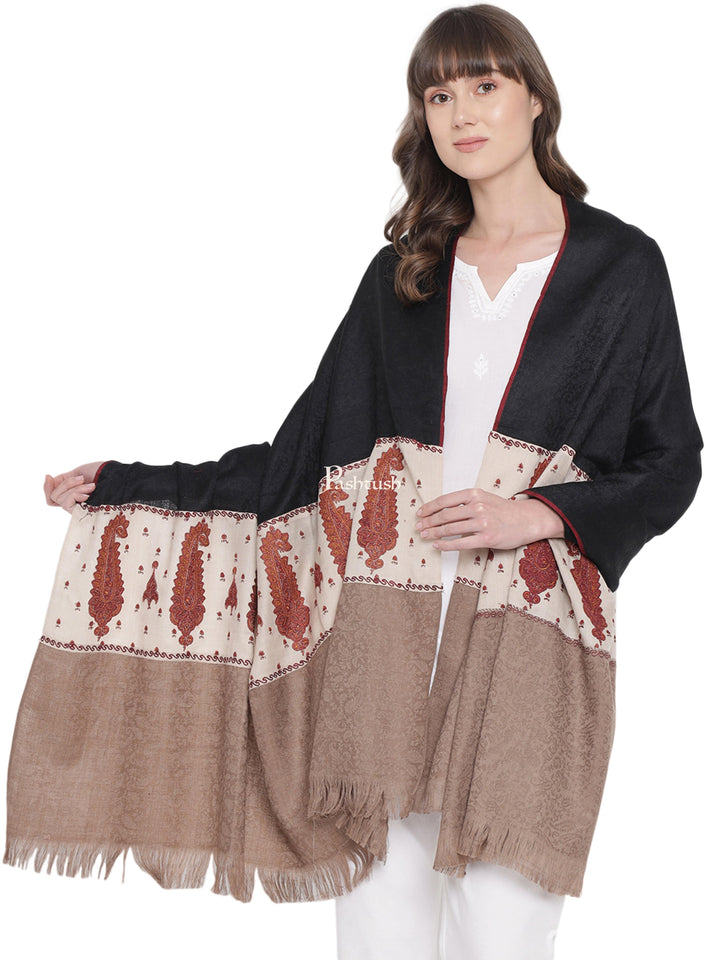 Pashtush India Womens Shawls Pashtush Womens Kashmiri Embroidery Shawl, Soft and Warm, Stitched Palla, Beige and Black