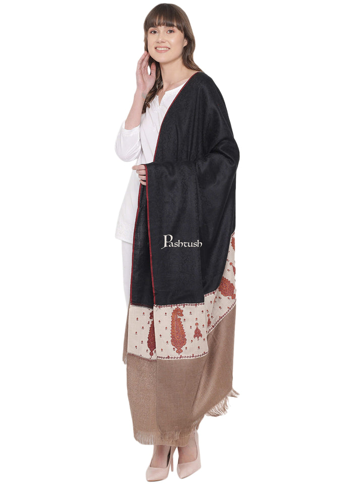 Pashtush India Womens Shawls Pashtush Womens Kashmiri Embroidery Shawl, Soft and Warm, Stitched Palla, Beige and Black