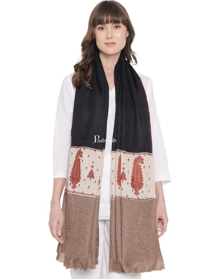 Pashtush India Womens Shawls Pashtush Womens Kashmiri Embroidery Shawl, Soft and Warm, Stitched Palla, Beige and Black