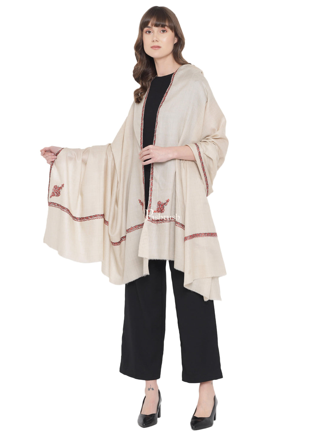 Pashtush India Womens Shawls Pashtush Womens Kashmiri Hand Embroidery Shawl Woollen Kingri Beige