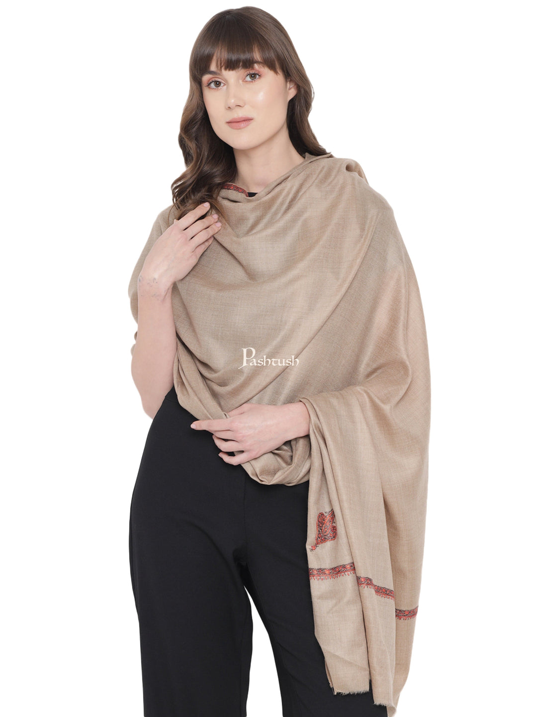 Pashtush India Womens Shawls Pashtush Womens Kashmiri Hand Embroidery Shawl Woollen Kingri Taupe