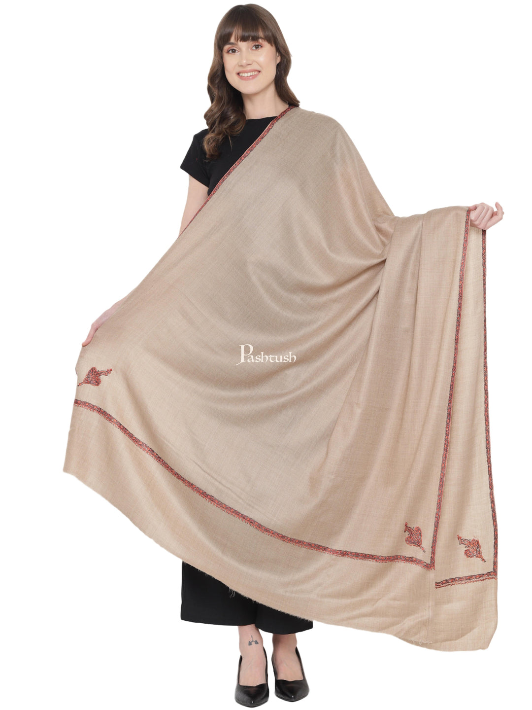 Pashtush India Womens Shawls Pashtush Womens Kashmiri Hand Embroidery Shawl Woollen Kingri Taupe