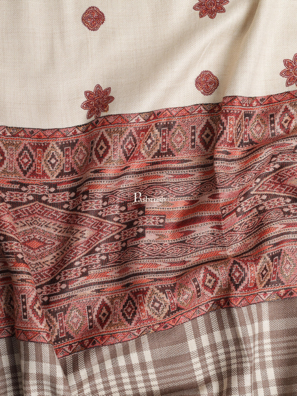 Pashtush India Womens Shawls Pashtush Womens Kashmiri Shawl, Woollen, Checkered Stitched Palla, Beige